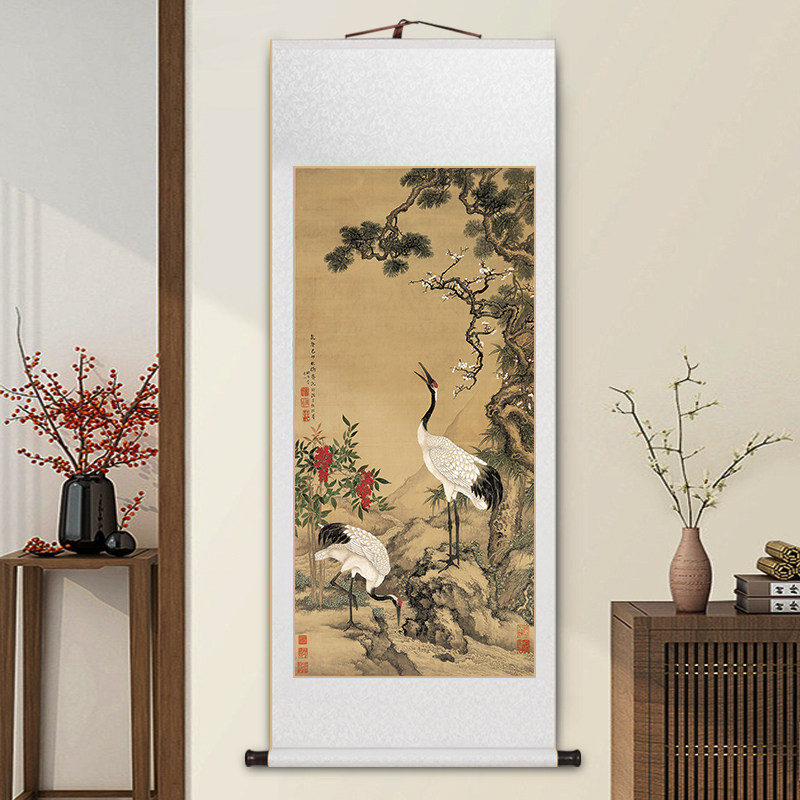 掛軸　松鶴延年図　絹本　手描き　美品　天然軸 松鹤延年绢本挂画-松鹤延年绢本挂画促销价格、松鹤延年绢本挂画品牌- 淘宝