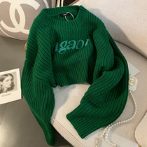 Retro Lazy Wind Letter Thick Short Sweater Womens Spring Casual Loose Green Round Neck Pullover Knitted Top
