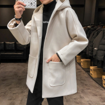 Long windbreaker men Korean version of autumn and winter mens woolen coat plus cotton warm hooded couple woolen coat tide