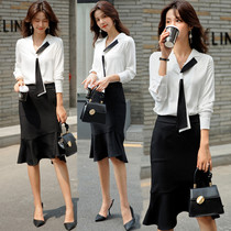 Spring and summer professional wear Womens white shirt fishtail skirt slim-fit suit Office building light cooked style socialite temperament overalls
