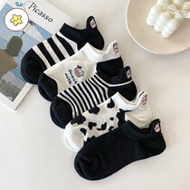 Black and white embroidered socks Children ins Chains Short Sox Shallow Mouth Summer Thin Korean Cartoon Cartoon Cows Cute Day Series Boat Socks