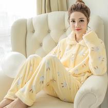 Autumn and winter pajamas female coral velvet padded Lady flannel set long sleeve size cute winter home wear warm