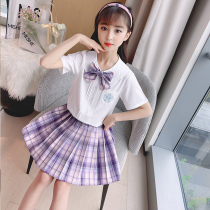 JK uniform girls summer rabbit seam seam short-sleeved JK uniform grid skirt College style two-piece set children genuine primary school students