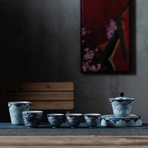 Blue and white porcelain Kung Fu tea set Household simple retro Ru Kiln set Ceramic handmade tea ceremony Teapot teacup