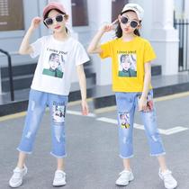 Girls Summer suit 4-14 years old childrens suit Girls thin denim short-sleeved shorts two-piece three-point pants clothes