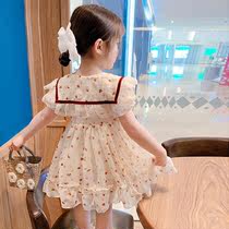 Childrens clothing 2021 summer new girls foreign style peach heart lace collar dress childrens Korean chiffon skirt princess skirt