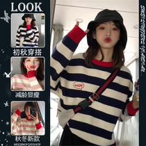 Autumn and winter 2021 New lazy wind color color striped sweater women wear Foreign Air Age Net red sweater top