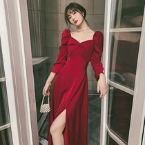 Autumn and winter New French retro red collar dress medium long foreign air waist slim dress skirt tide