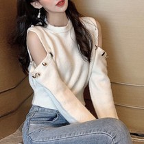 Strapless diamond buckle pullover sweater female 2021 small sexy temperament fashion high waist short bottoming knitted shirt lady