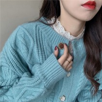Blue sweater coat womens twist gentle style Japanese thickened 2021 New Heavy Industry spring and autumn knitted cardigan top