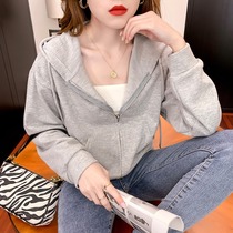 Womens spring and autumn thin college style long sleeve loose hooded cardigan slim Joker casual zipper short jacket