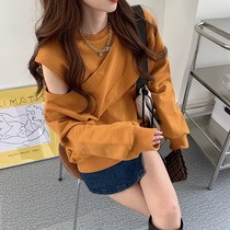 Casual sweatshirt female spring and autumn thin loose long sleeve fake two pieces off shoulder design sense round neck jacket short small coat