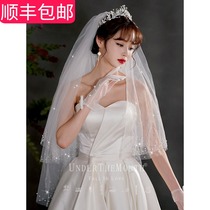 Head yarn bridal headdress Super Xiansen Net red photo props main wedding dress sparkling white pearl head yarn headdress