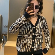 2021 Spring and Autumn New Knitted Sweater Cardigan Female Spring and Autumn Letters Presbynly Print Small Jacket Loose V-neck Top