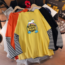 Extra large size maternity clothing spring and autumn clothing loose belly cover does not show up stitching fake two long-sleeved T-shirt top clothes