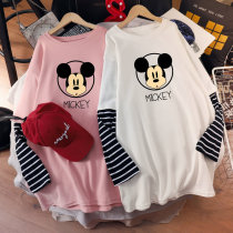 Net red pregnant womens autumn fake two pieces of splicing striped cotton long sleeve T-shirt women loose pregnant womens autumn