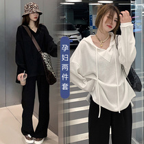 Pregnant womens autumn suit spring and autumn hooded shirt autumn long sleeve loose two-piece fashion