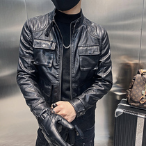 Floss leather jacket mens spring and autumn thin Korean trend handsome casual stand collar locomotive clothing mens leather jacket tide