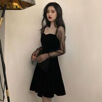 2020 summer dress new mesh stitching puffy skirt small black dress retro waist collar dress dress women tide
