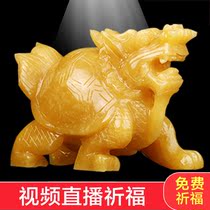 Natural yellow jade dragon turtle ornaments male and female pair of lucky dragon head turtle Wang house decoration Longevity Turtle home decoration