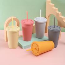Creative double-layer plastic cup candy-colored rubber paint water cup car portable sports frosted straw cup summer set