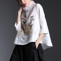 Europe and America 2021 Spring and Autumn New Loose Coon Embroidered Shirt Plus Size Womens Stand Collar Vintage Pullover Top