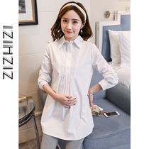 Pregnant women autumn coat 2021 new solid color long sleeve work shirt Spring and Autumn long professional white shirt