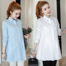 Chinese fashion solid color lapel shirt clothing in maternity spring and autumn clothing 2018 new long loose Joker pregnant women