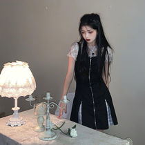 (Two-piece suit)Hepburn style retro temperament design zipper split suspender dress with lace shirt inside