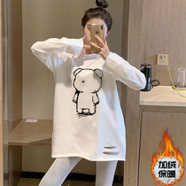 Pregnant women white cotton base shirt plus velvet warm coat women autumn and winter long loose size long sleeve T-shirt tide