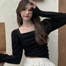 Design feel the heart of the machine with a short base shirt female foreign-quality slim square collar pullover fold long sleeve top tide tide
