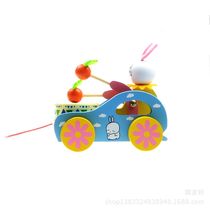  Wooden childrens little white rabbit beating drum dragging car Wooden early education puzzle newborn baby toddler toy 