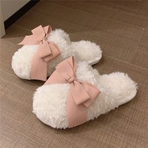 Girl heart bow cotton slippers womens autumn and winter warm non-slip indoor home cute fashion fur slippers