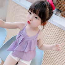 2021 summer new Korean girl 1 baby 2 suspender curly shorts set children cotton foreign style two-piece set
