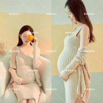 Pregnant women photography clothing beautiful khaki knitted suspender skirt photo studio pregnant mommy clothing photo photo clothing