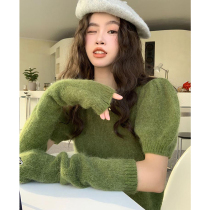 Spring lantern sleeve green sweater sweater women with sleeve temperament advanced sense Joker age age reduction chic coat tide