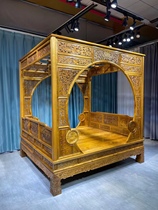 New Chinese-style canopy bed gold silk nanmu classical carved solid wood double bed large wedding bed Chinese style Zen four-poster bed