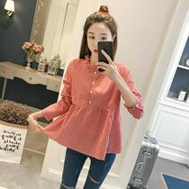 Pregnant Woman T-Shirt Spring Autumn Dress Long Sleeve Korean Version Plaid Shirt Cute Pregnant Woman Doll Shirt Short blouses Two suits