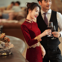 Velvet toast Bride Chinese Cheongsam 2021 New Winter Wine Fish Tail Engagement Back Door Dress Women