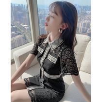  2021 summer new womens dress lapel single-breasted lace embroidery black high waist thin little man