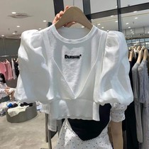Design sense splicing fake two pieces of ice silk bubble sleeve shirt womens summer new Korean slim slim short top