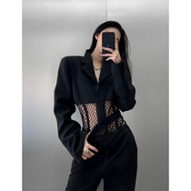 (Two-piece set) hollow splicing thin suit jacket mopping wide leg pants design sense spring and summer suit women tide