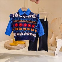Girl autumn suit 2021 New Korean childrens knitted vest sweater female baby Foreign style fashion three-piece tide