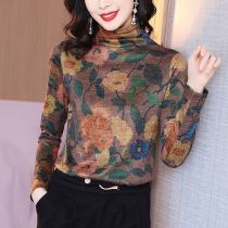 High collar base shirt Women 2020 autumn and winter New Vintage print T-shirt fashion plus velvet jacket European goods inside small shirt