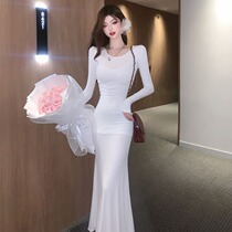 Urban sexy beauty sling bag hip base skirt round neck slim slim long sleeve fishtail dress long dress light mature woman