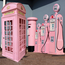 Retro British pink telephone booth mailbox tanker model ornaments wrought iron road signs sign photography props