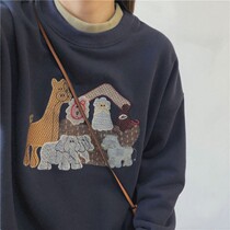 Autumn and winter ins Korean version of retro loose student cartoon embroidery stitching double collar plus velvet thick round neck sweater women