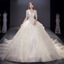 French light main wedding dress 2021 new bride summer V collar luxury high end tailing pregnant woman thick arm thin