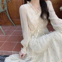 2021 early spring new skirt ins super fairy thin French first love gentle temperament Floral Chiffon dress long section