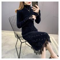 Mink velvet sweater women 2021 New lace stitching knee knitted base long dress women autumn and winter